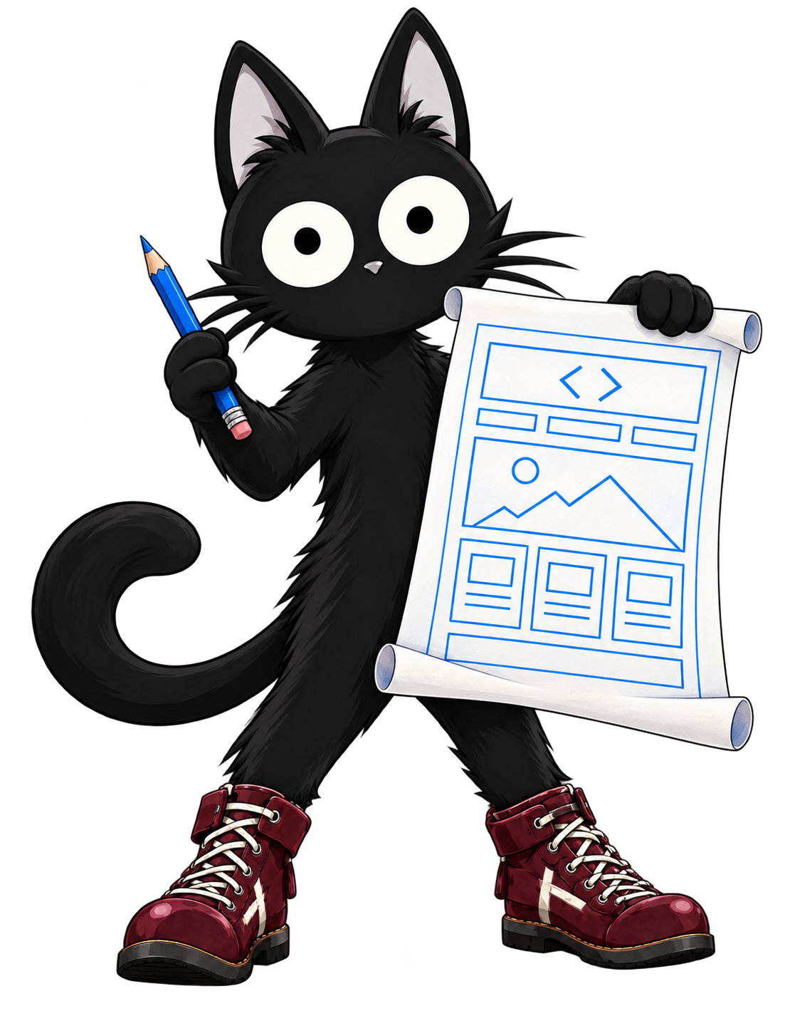 青い設計図と鉛筆を手にした、えんじ色のブーツを履く黒猫のコタ